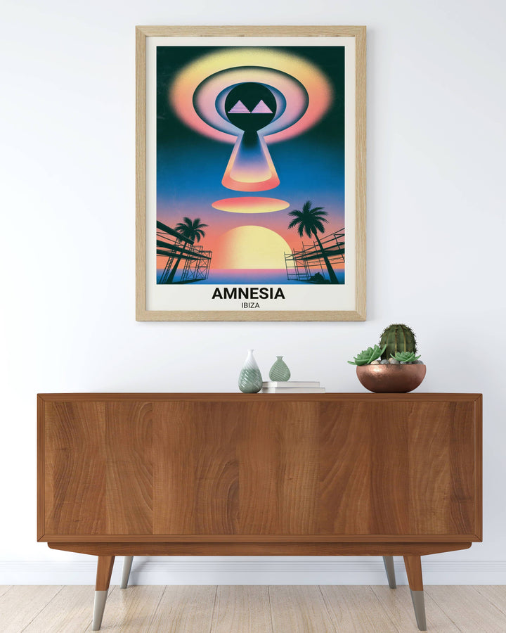 Elevate your decor with the Amnesia Ibiza The Sunrise Portal print from Map Your Dreams. Features iconic pyramid motifs framed by a celestial indigo and sunset peach portal.