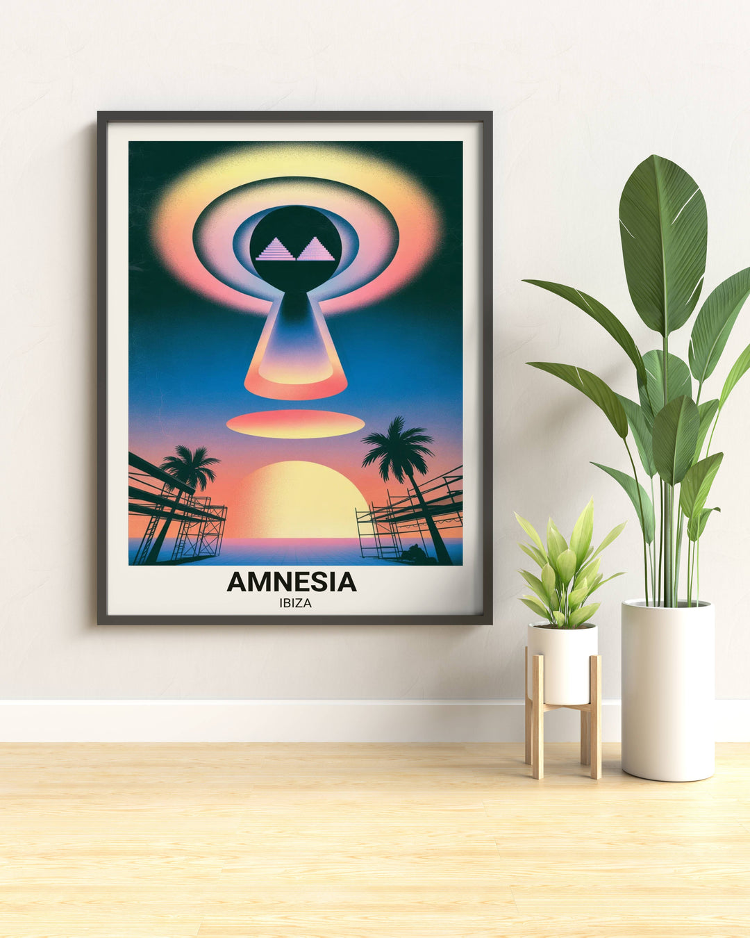 Surrealist nightclub wall art of Amnesia Ibiza by Map Your Dreams. Features palm silhouettes and industrial scaffolding against a glowing Mediterranean sun and saturated skies.
