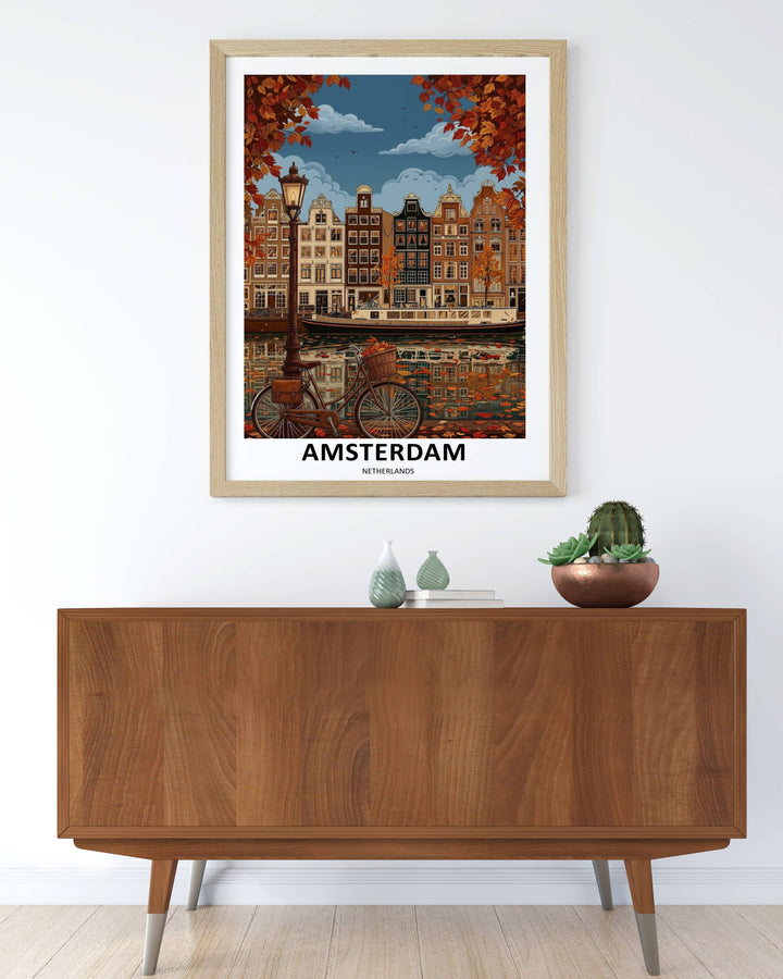 A sophisticated vertical travel print capturing a peaceful golden hour sunset along a brick canal street with a classic black iron lamppost illuminating the scene.