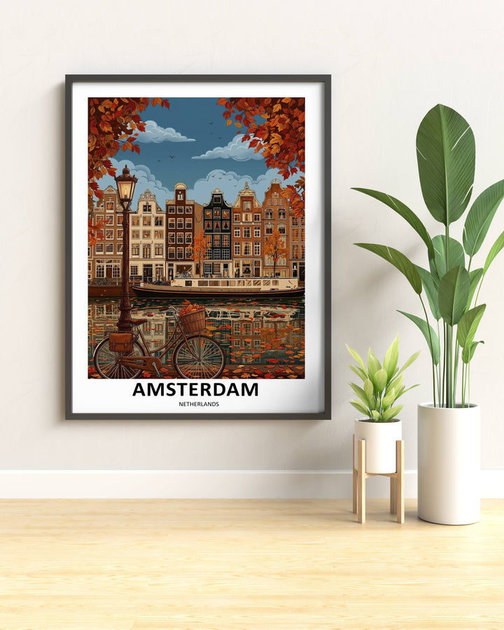 A picturesque view of an Amsterdam canal at sunset, showing a long traditional houseboat and vibrant orange foliage reflecting onto the calm, rippling water surface.