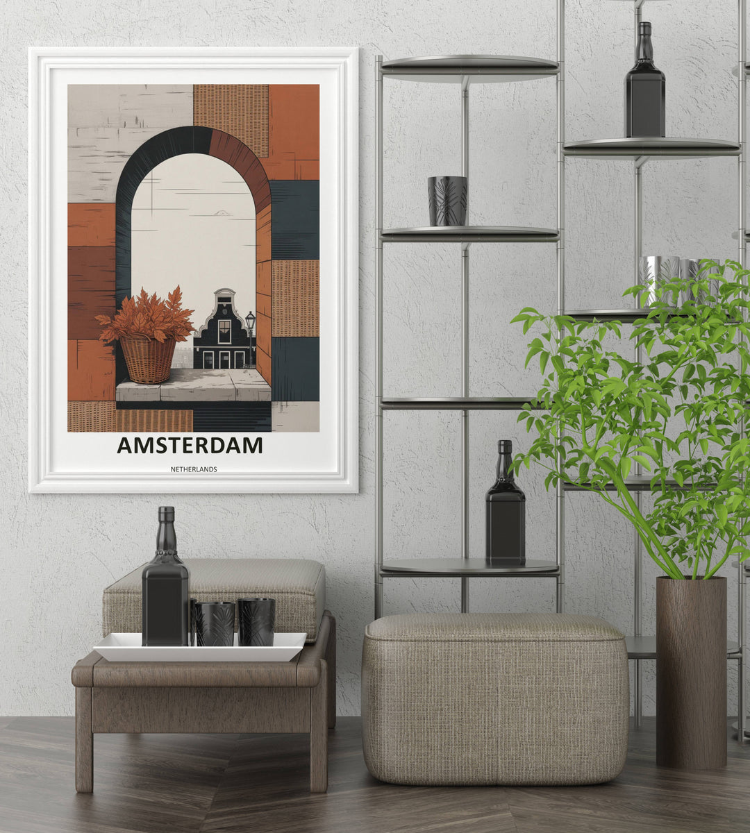 Museum quality landscape print displaying a stylized silhouette of an iconic Amsterdam neck-gabled roofline framed inside a smooth geometric curved archway.