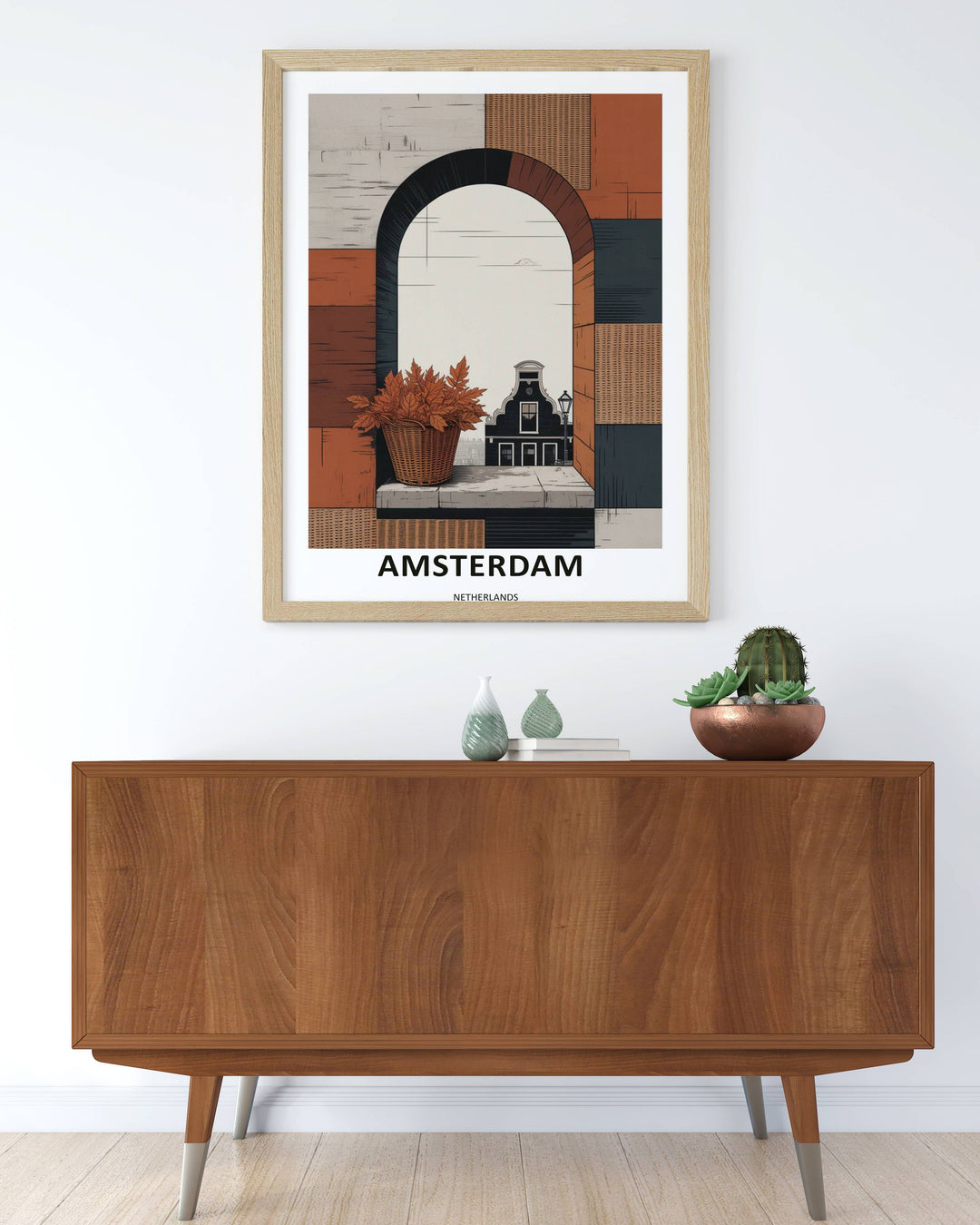 Boutique quality textured canvas wall decor of the Netherlands, displaying clean geometric shapes, neutral earth tones, and a vintage street lamp post design.