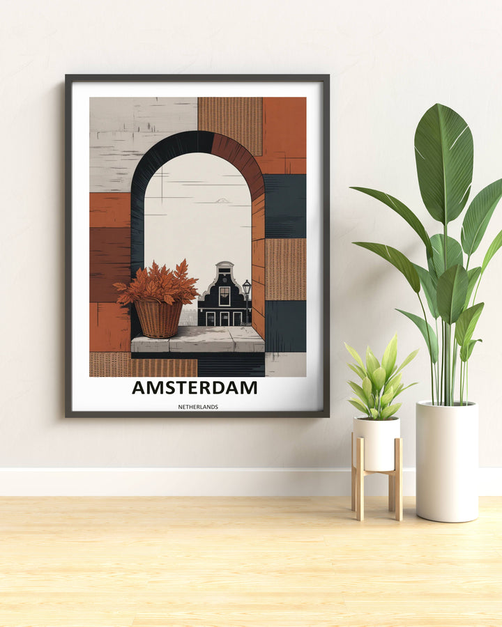 A detailed view of a classic black iron street lamp standing elegantly against an open sky inside a graphic Amsterdam portal window frame illustration.