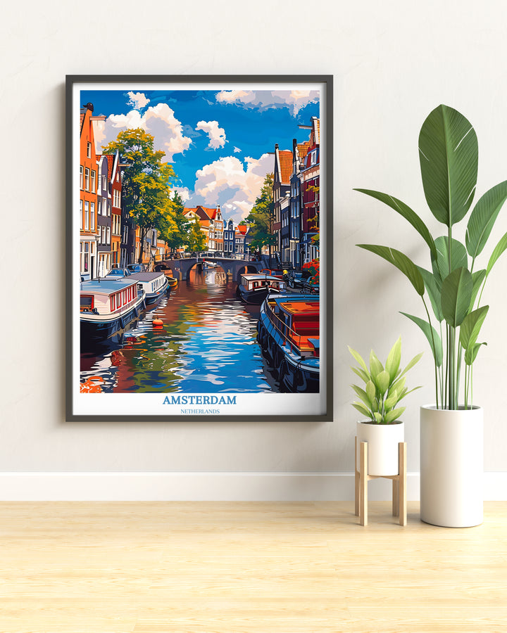 Amsterdam Travel Print - Art mural des Pays-Bas pour la décoration intérieure - Cadeau de pendaison de crémaillère - Art mural rétro