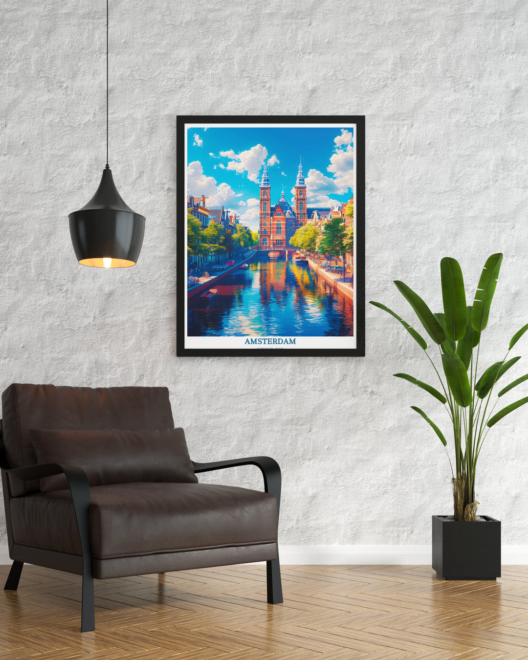 Netherlands-inspired wall art: This Amsterdam Travel Poster brings Dutch charm to any room.