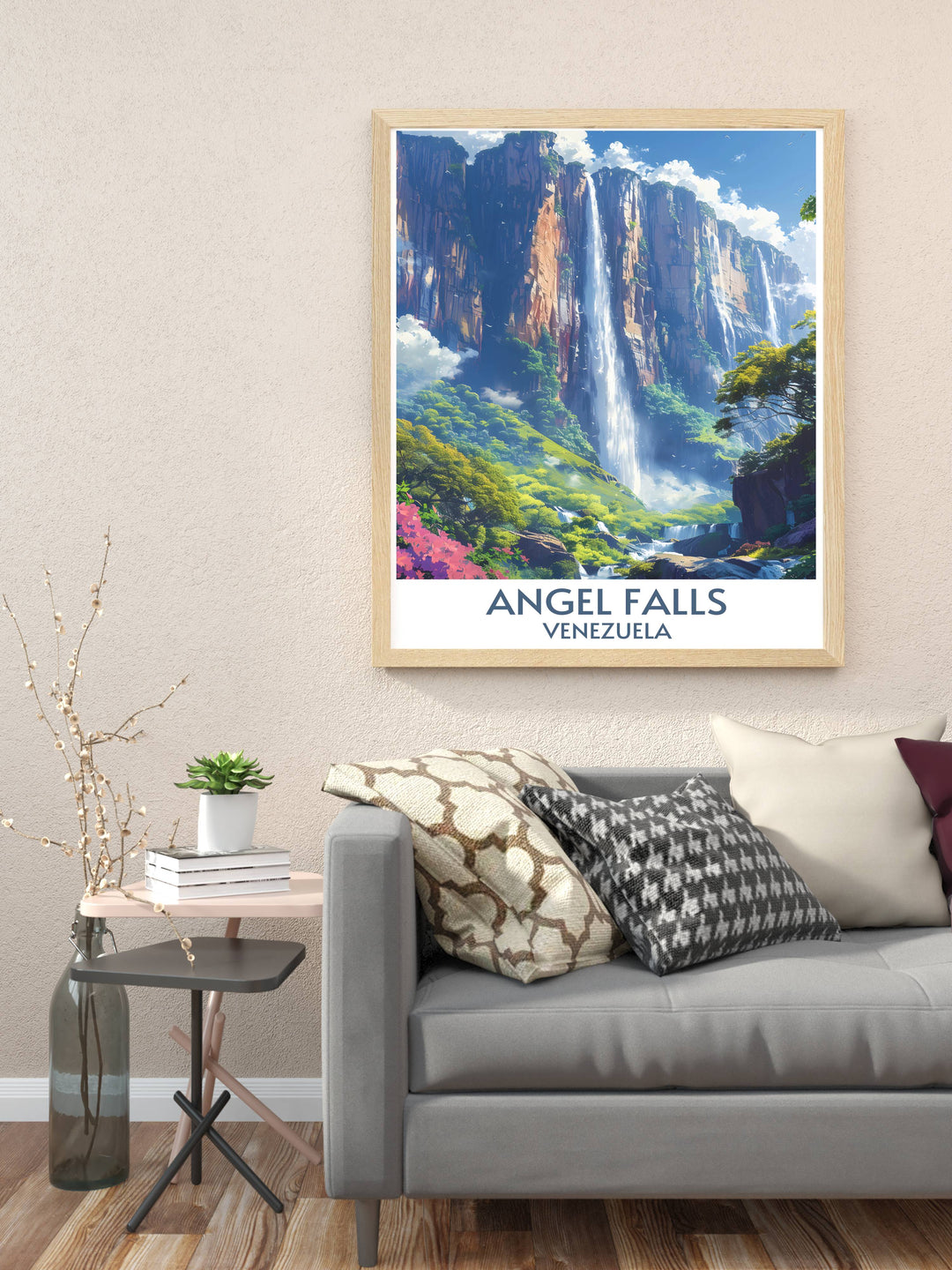 Retro travel poster of Angel Falls, blending vintage aesthetics with the splendor of Venezuelan scenery.