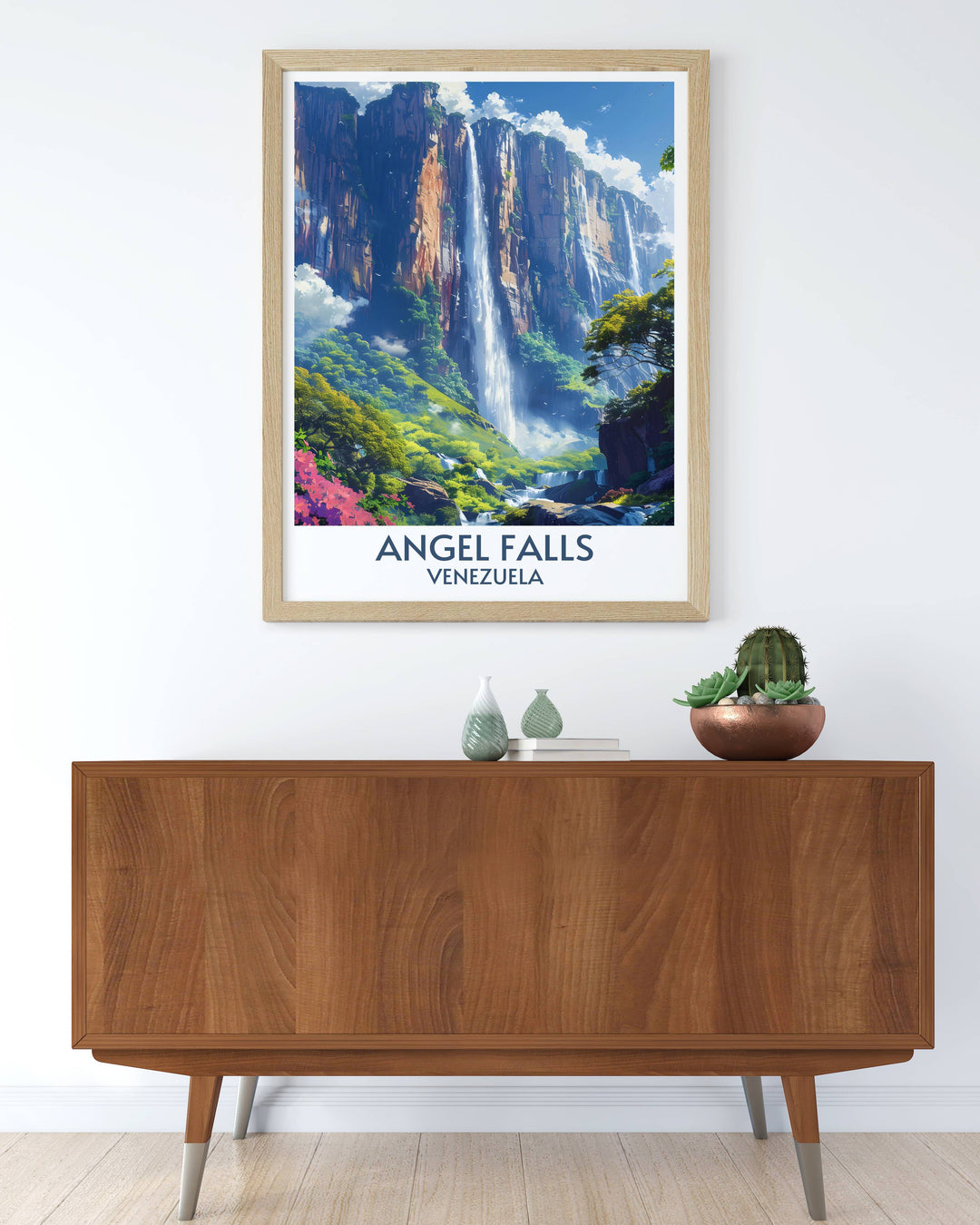 High quality framed print of Angel Falls, showcasing the lush Venezuelan landscape in vivid colors.
