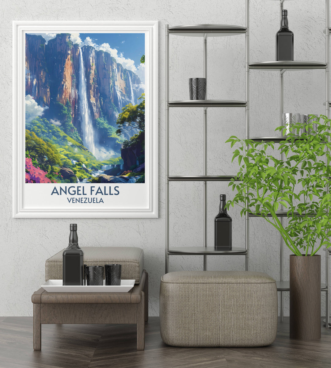 Wall art featuring Angel Falls, a natural wonder of Venezuela, artistically captured in a stunning print.