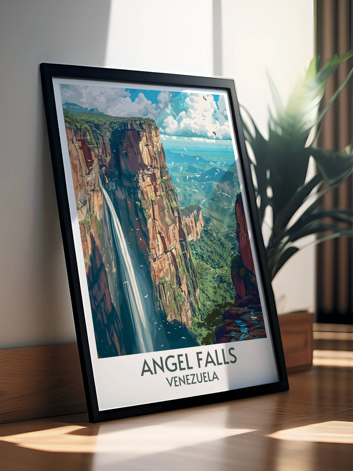 The vibrant colors and detailed depiction of Angel Falls and Auyan tepui in this framed print make it an outstanding addition to any art collection.