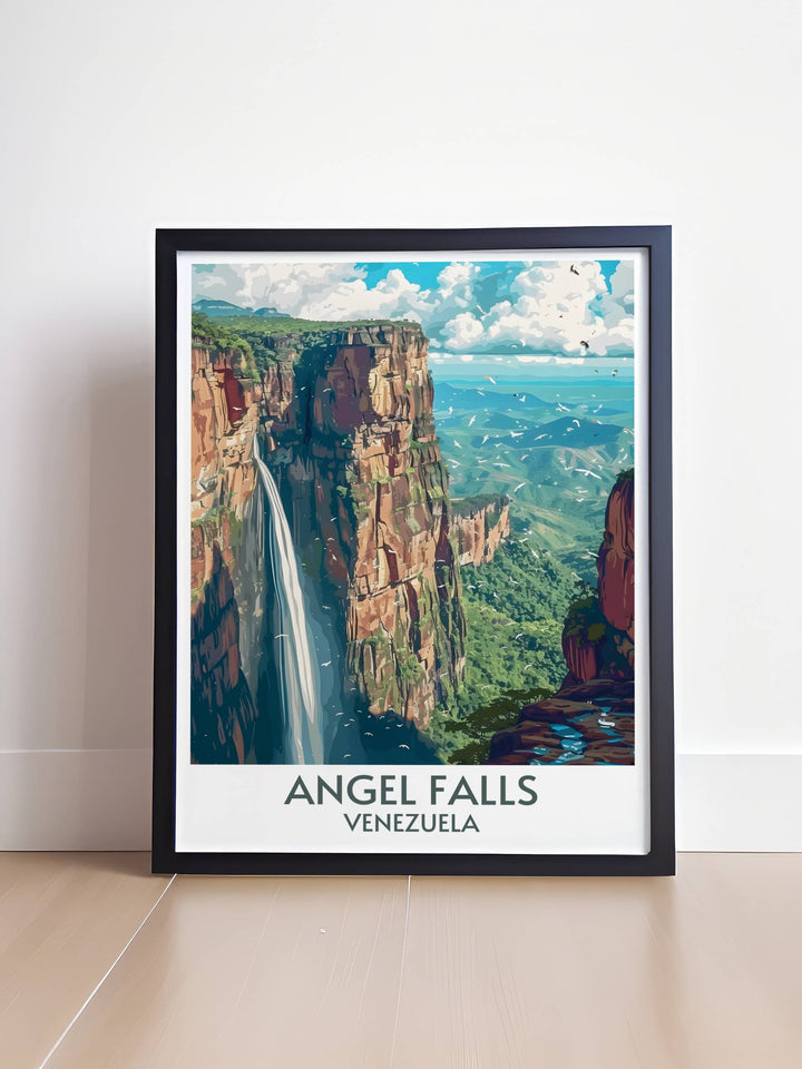 Bring home the adventure with a retro travel poster of Auyan tepui and Angel Falls, designed to inspire and captivate any viewer.