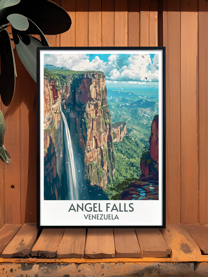 Celebrate the grandeur of Auyan tepui and the splendor of Angel Falls with a vintage travel print, ideal for collectors and decor enthusiasts alike.