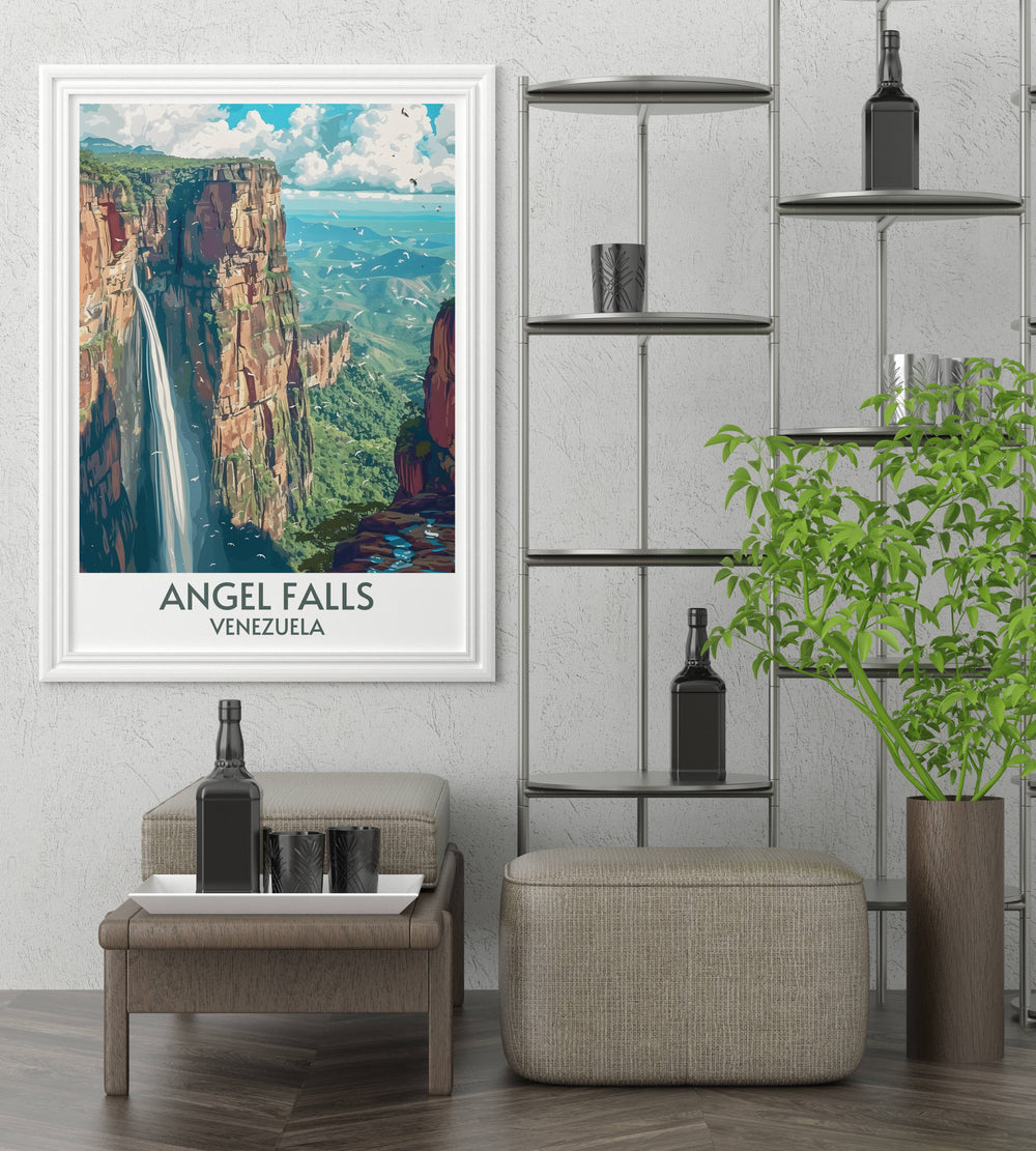 Admire the majestic scenery of Auyan tepui alongside the towering Angel Falls in this artistically captured poster, perfect for enhancing any room.