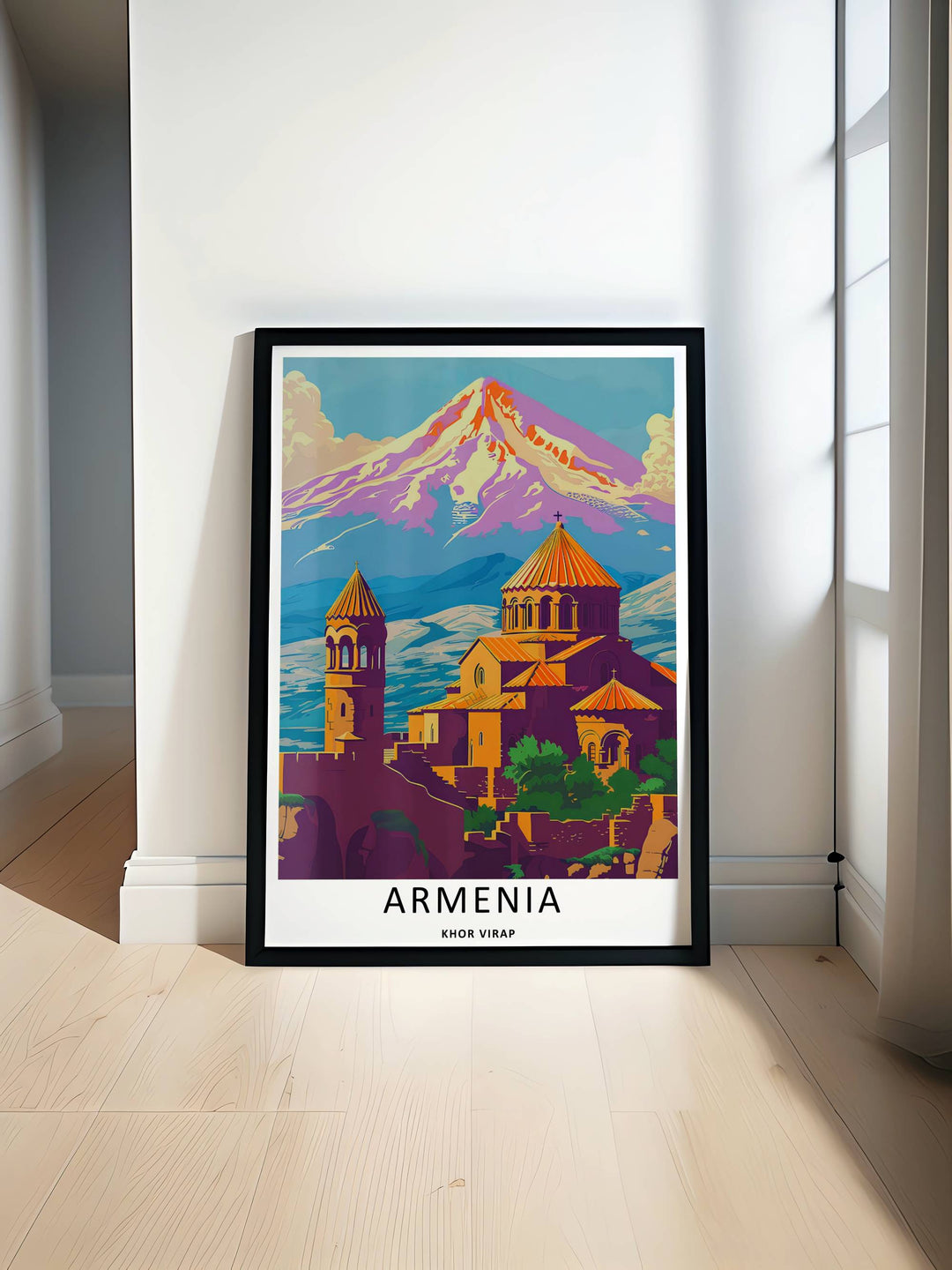 Minimalist yet colorful travel poster depicting the landmark towers of Khor Virap below a snow-topped Mount Ararat, offered as a canvas print or a sleek grey framed poster.