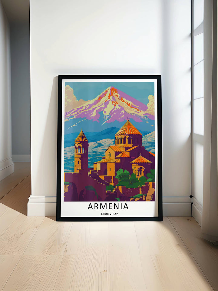 Minimalist yet colorful travel poster depicting the landmark towers of Khor Virap below a snow-topped Mount Ararat, offered as a canvas print or a sleek grey framed poster.