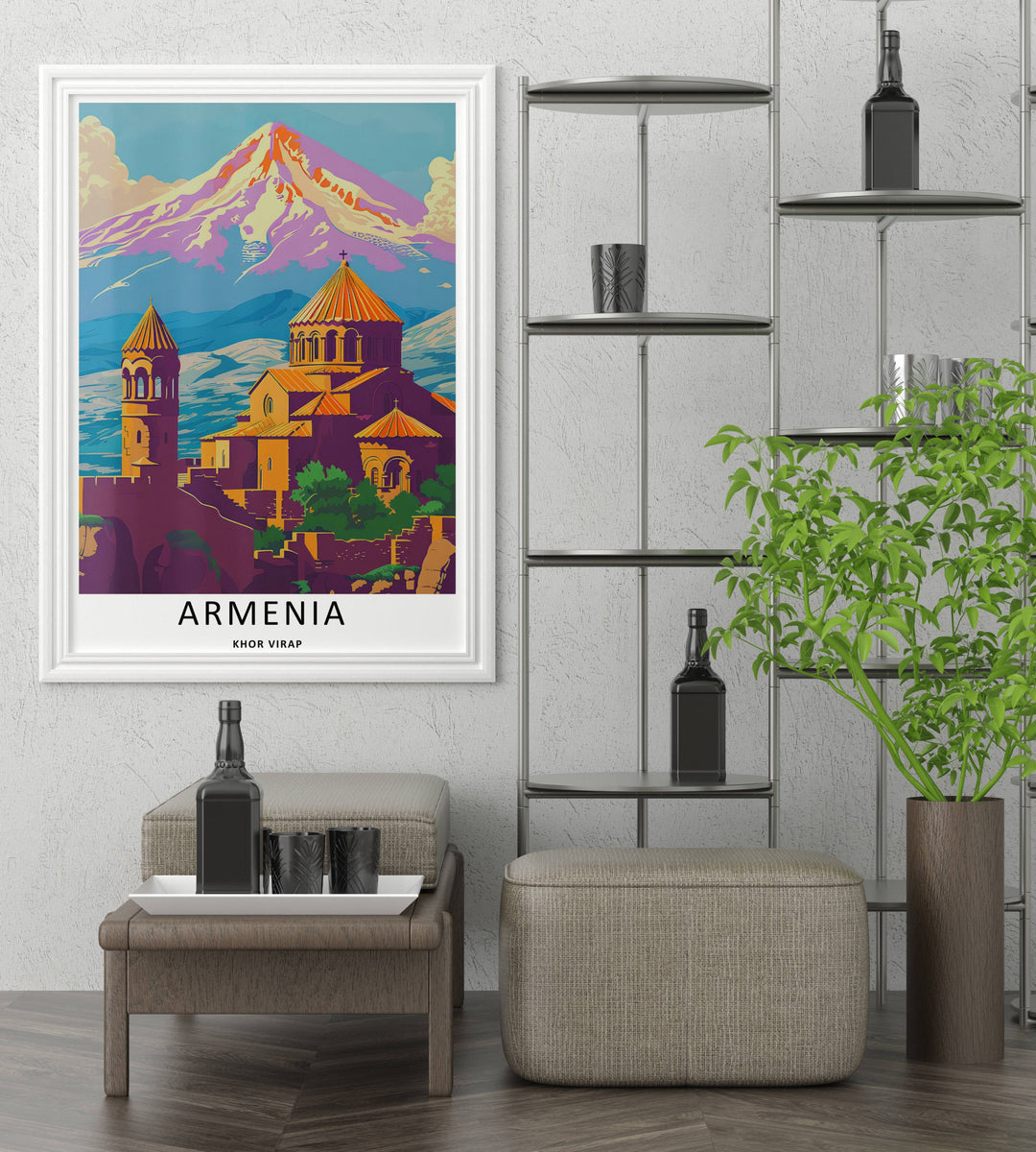 Premium home wall art featuring the iconic towers of Khor Virap monastery under a bright sky with Mount Ararat looming large, styled inside a striking gold frame from MapYourDreams.