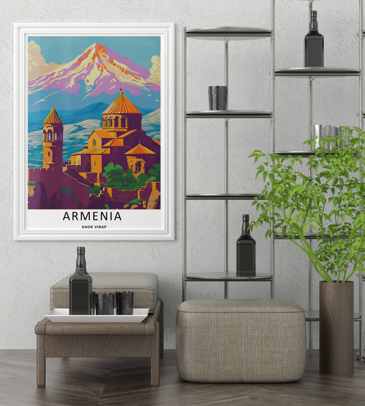Premium home wall art featuring the iconic towers of Khor Virap monastery under a bright sky with Mount Ararat looming large, styled inside a striking gold frame from MapYourDreams.