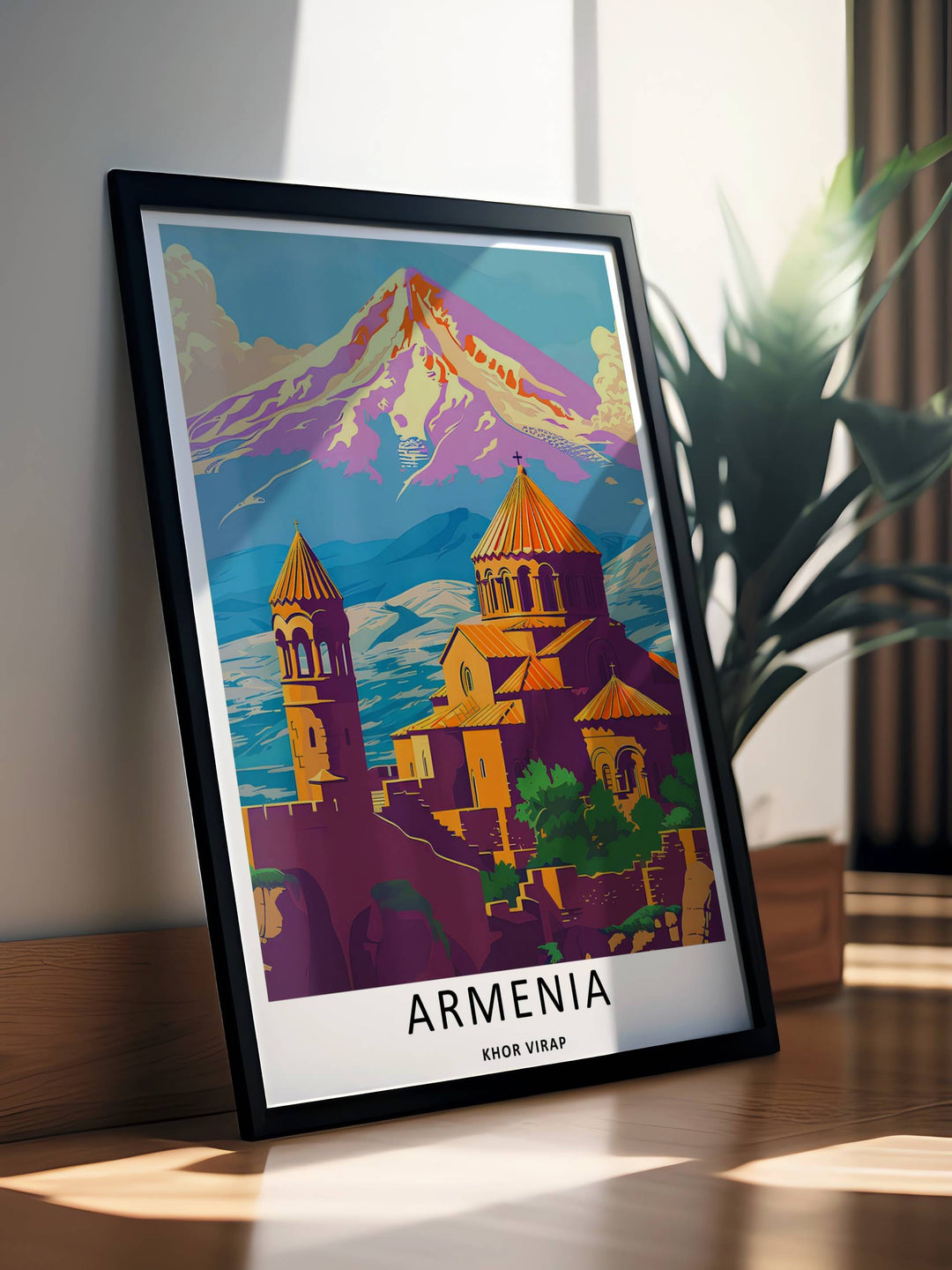 Colorful geometric landscape design showing the ancient walls of Khor Virap below a grand Mount Ararat, making this a standout travel poster choice for modern bedroom wall decor.