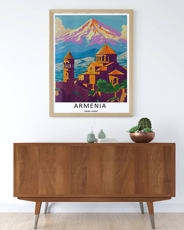 A high-quality print of the Armenian landscape showing Khor Virap monastery and a purple-toned Mount Ararat, available as a stretched canvas print or encased in elegant silver frames.