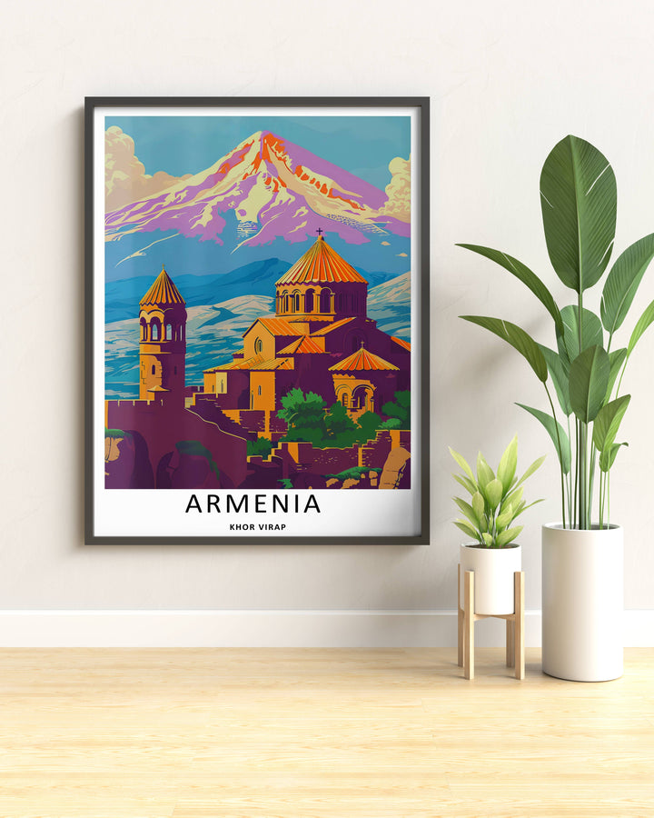 MapYourDreams graphic travel poster of the historic Khor Virap sanctuary with Mount Ararat behind it, functioning as a beautiful unframed print to elevate office wall decor.