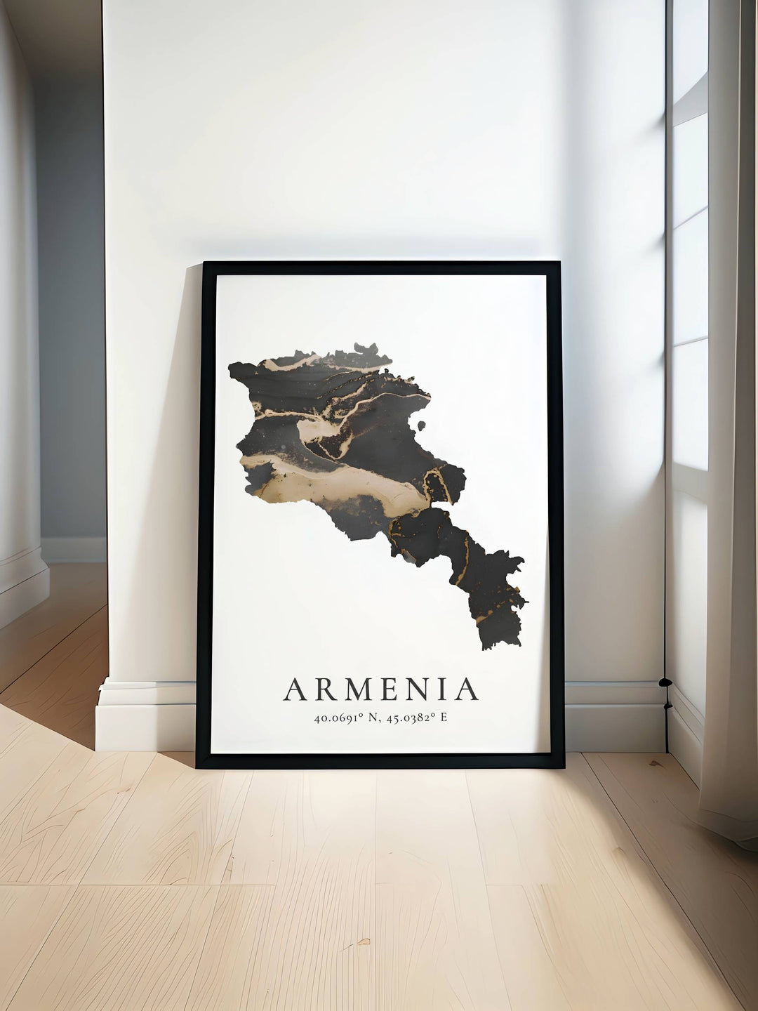 Sophisticated geographic art print featuring a detailed Armenia map outline filled with shimmering gold dust and dark fluid ink, styled gracefully as a premium canvas print for any office room.