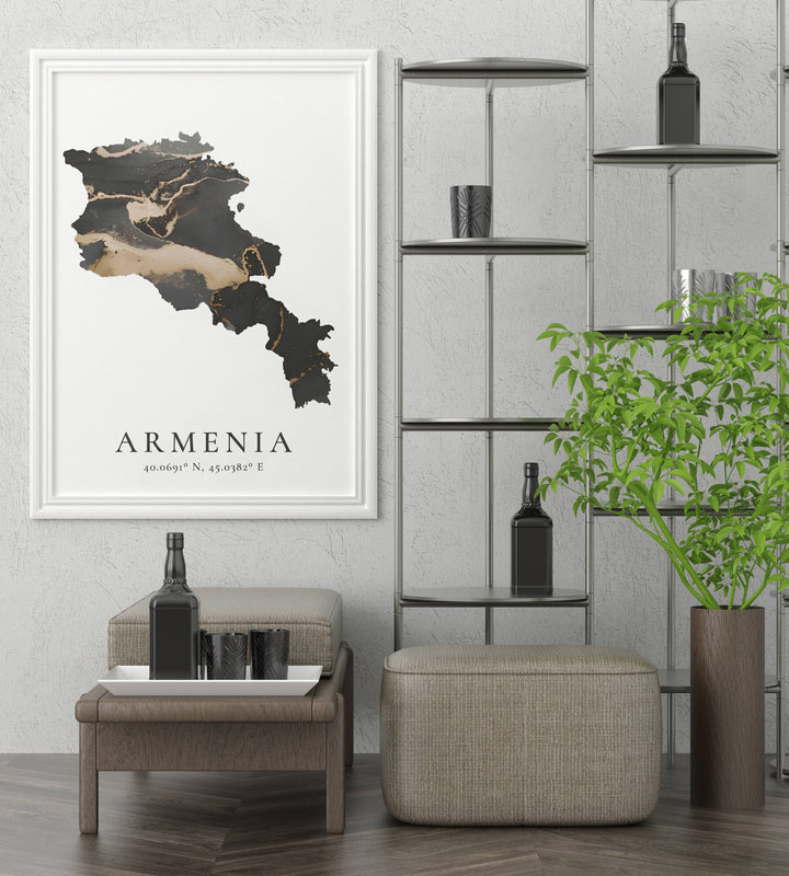 Unique country silhouette travel poster displaying an artistic Armenia map with high-contrast black liquid marble and gold veins, available as an unframed poster or within various framed choices.