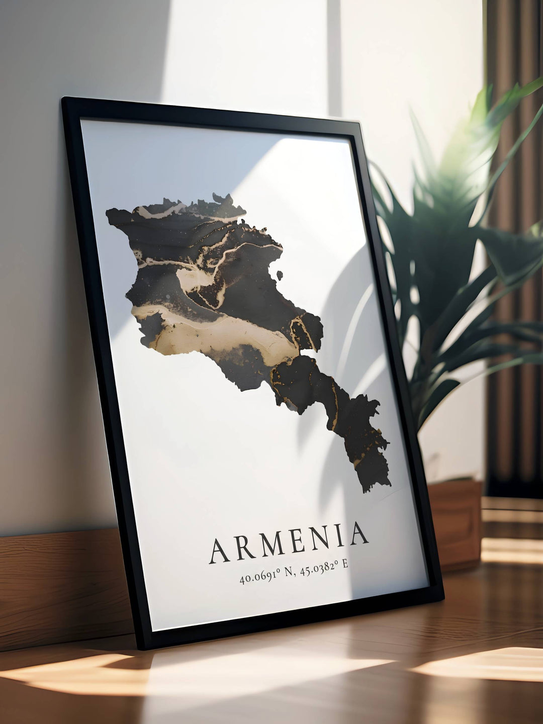 MapYourDreams minimalist travel poster displaying a luxury fluid ink silhouette of the Armenia map complete with geographic coordinates, highly customizable as a canvas print or a framed display.
