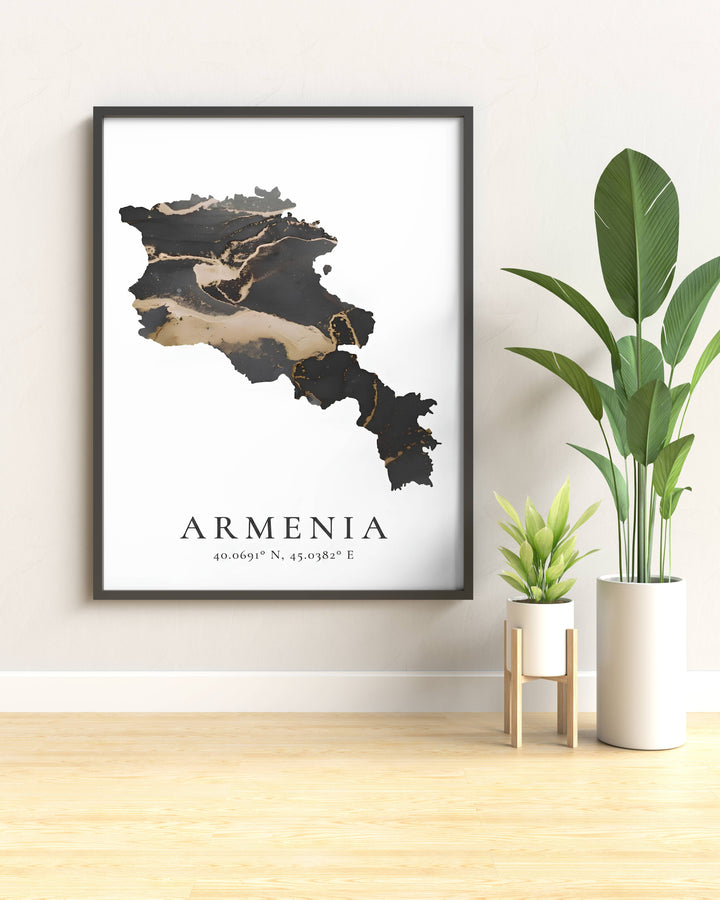 Clean minimalist country print featuring a black and gold marbled Armenia map design, serving as an eye-catching travel poster available as an un-matted unframed print or canvas wall art.