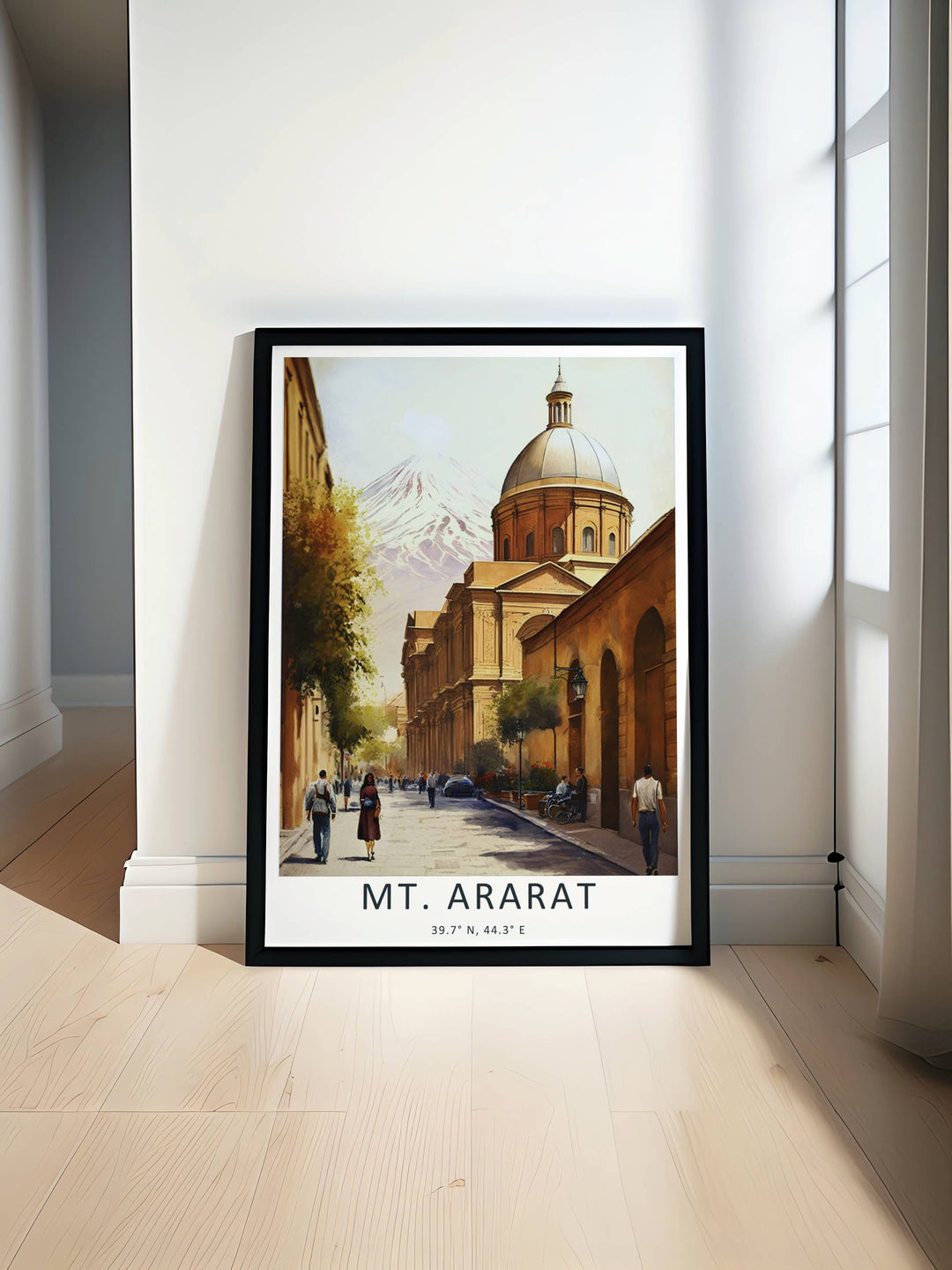 Minimalistic yet detailed landscape depicting the landmark architecture of Yerevan below a snow-covered Mt. Ararat, offered as a canvas print or styled inside an elegant retro white frame.