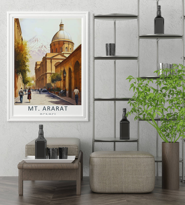 High-quality landscape wall art showing the majestic view of Mt. Ararat rising over the classical architecture of Yerevan, presented inside a striking gold frame to elevate living room decor.