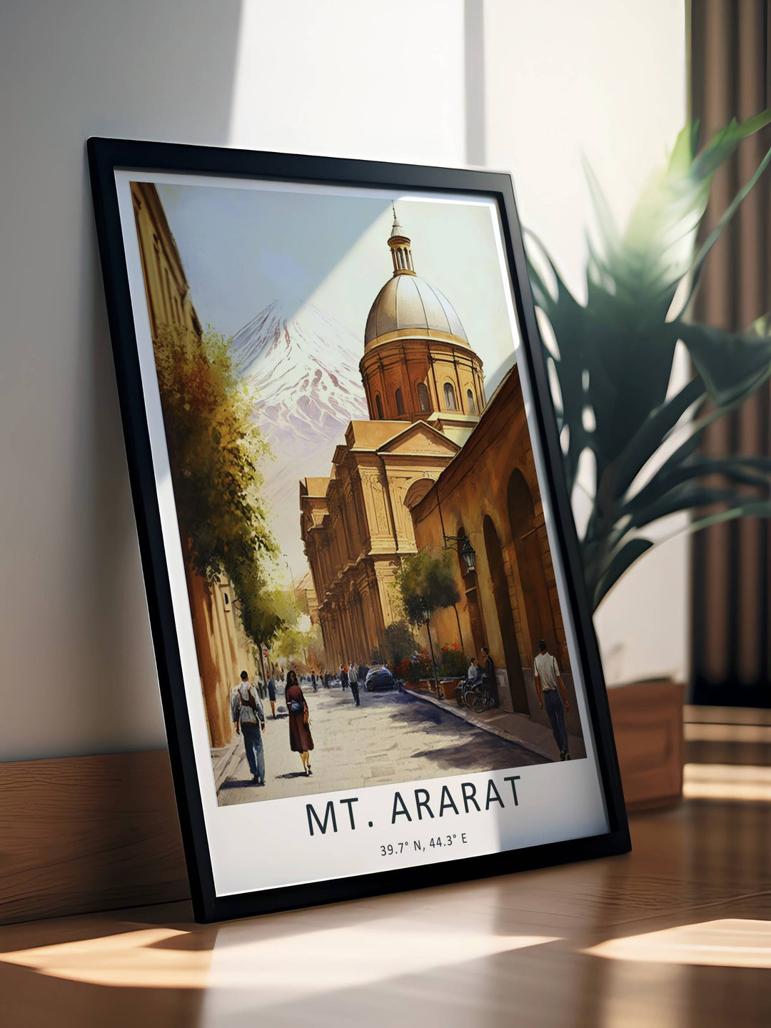 A premium fine art print capturing the historic charm of a Yerevan avenue under a light blue sky and the grand Mt. Ararat mountain, available as a canvas print or within timeless white frames.