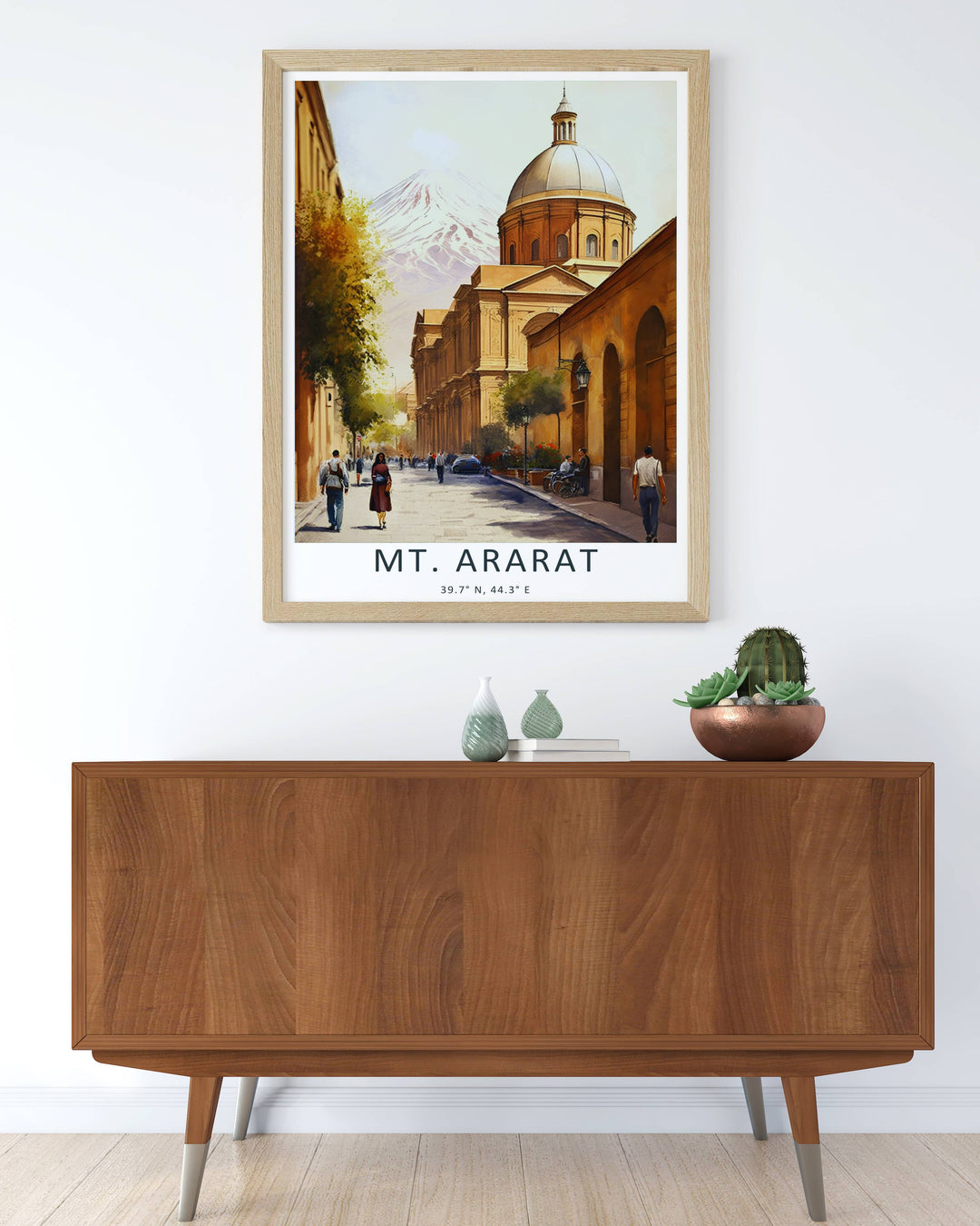 MapYourDreams architectural design displaying a beautifully detailed street dome overlooking the snowy slopes of Mt. Ararat, customizable as a textured canvas print or a retro black framed piece.
