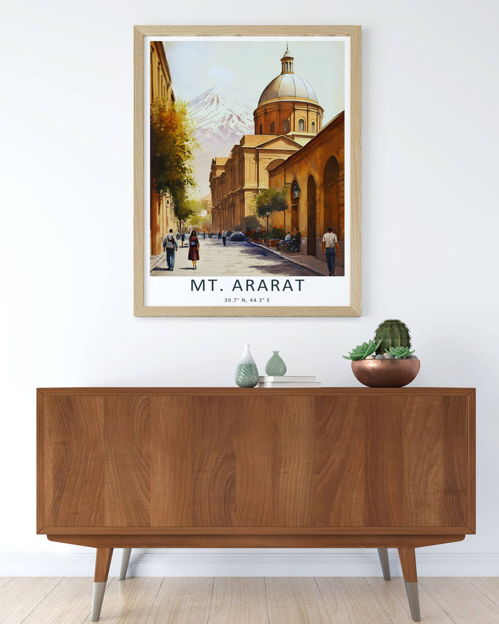 MapYourDreams architectural design displaying a beautifully detailed street dome overlooking the snowy slopes of Mt. Ararat, customizable as a textured canvas print or a retro black framed piece.