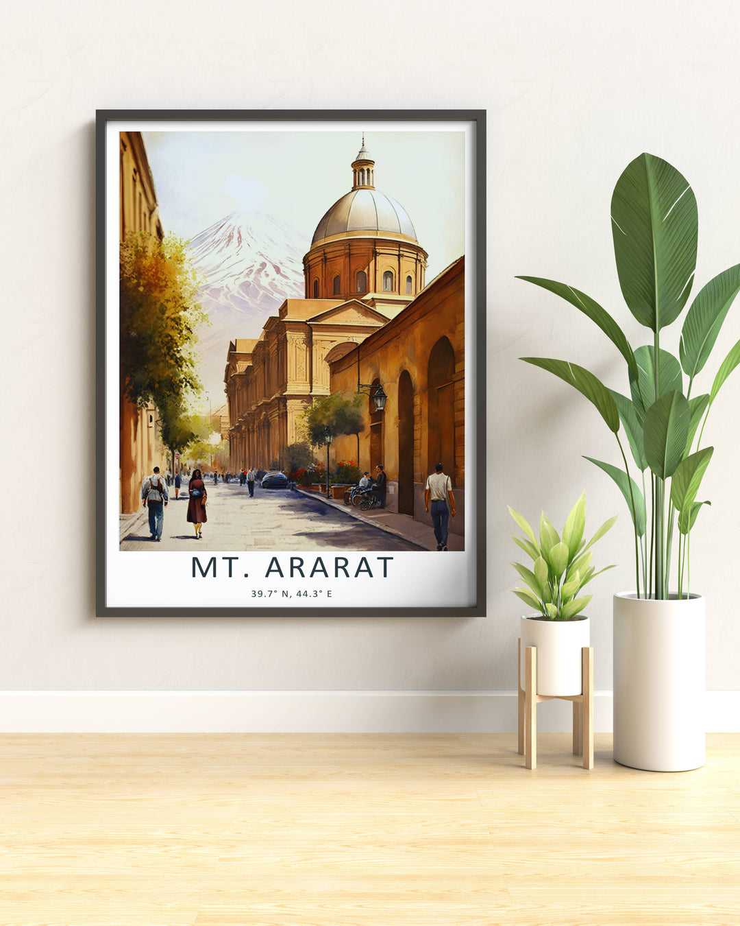 Vibrant warm-toned art print celebrating Armenian culture with a detailed street perspective pointing toward Mt. Ararat, displayed on a living room wall as a natural wood framed poster.
