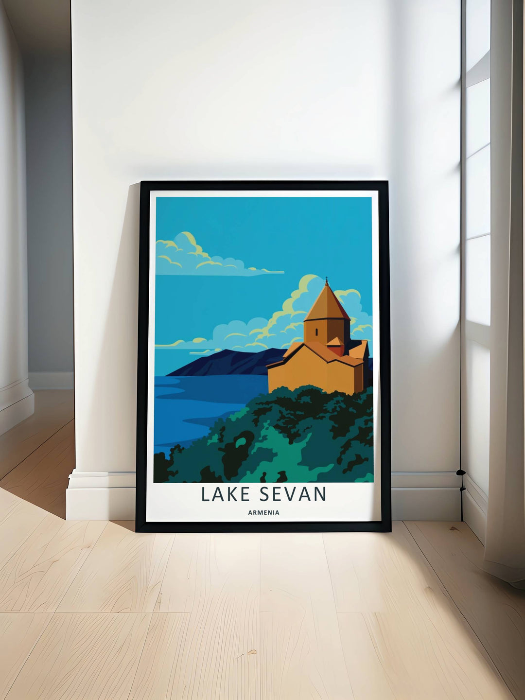 Minimalistic yet detailed landscape design depicting the landmark location of Lake Sevan below a clear blue sky, offered as a canvas print or styled inside an elegant retro white frame.