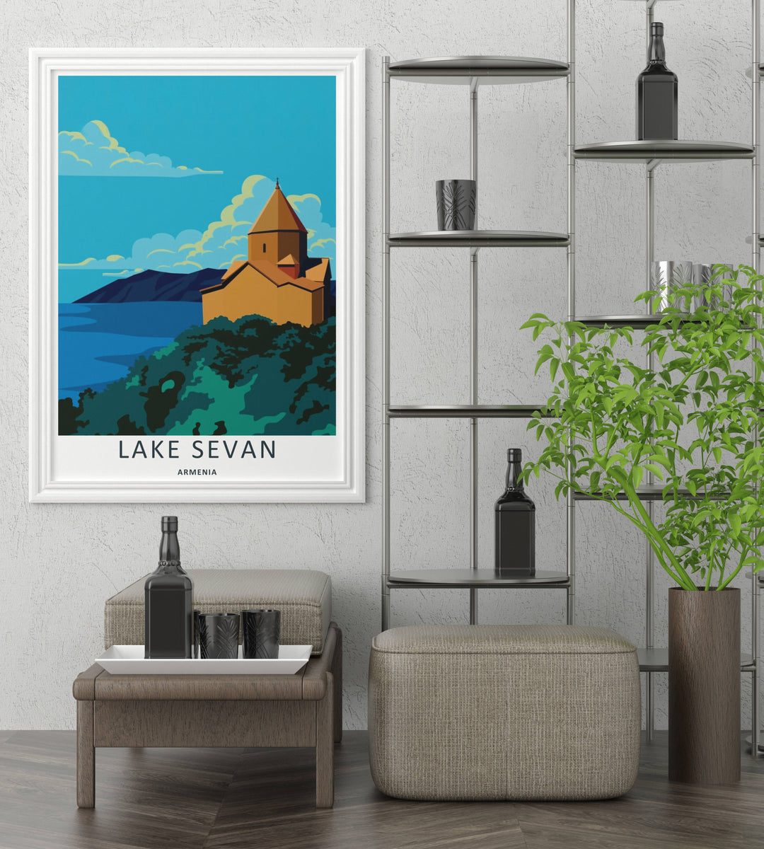 Premium mountain lake wall art showcasing the scenic vistas of Lake Sevan and historical Armenian architecture, presented inside a striking black frame to elevate modern living room decor.