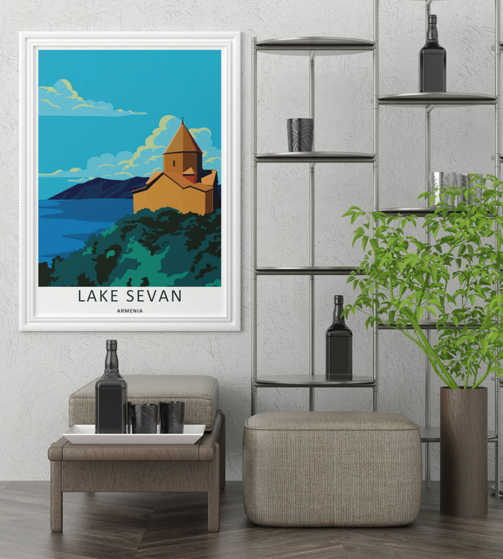 Premium mountain lake wall art showcasing the scenic vistas of Lake Sevan and historical Armenian architecture, presented inside a striking black frame to elevate modern living room decor.