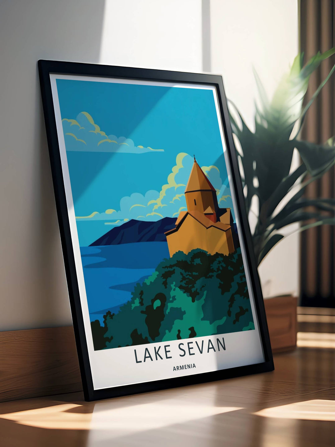 Minimalist travel illustration highlighting the peaceful blue water lines of Lake Sevan and a distant mountain ridge, making this an excellent choice for calm bedroom or office wall decor.