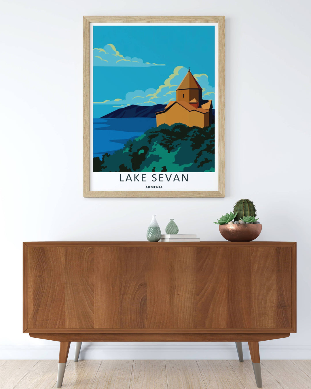 MapYourDreams landscape graphic displaying a beautifully detailed view of Lake Sevan under fluffy white clouds, customizable as a textured canvas print or a retro black framed piece.