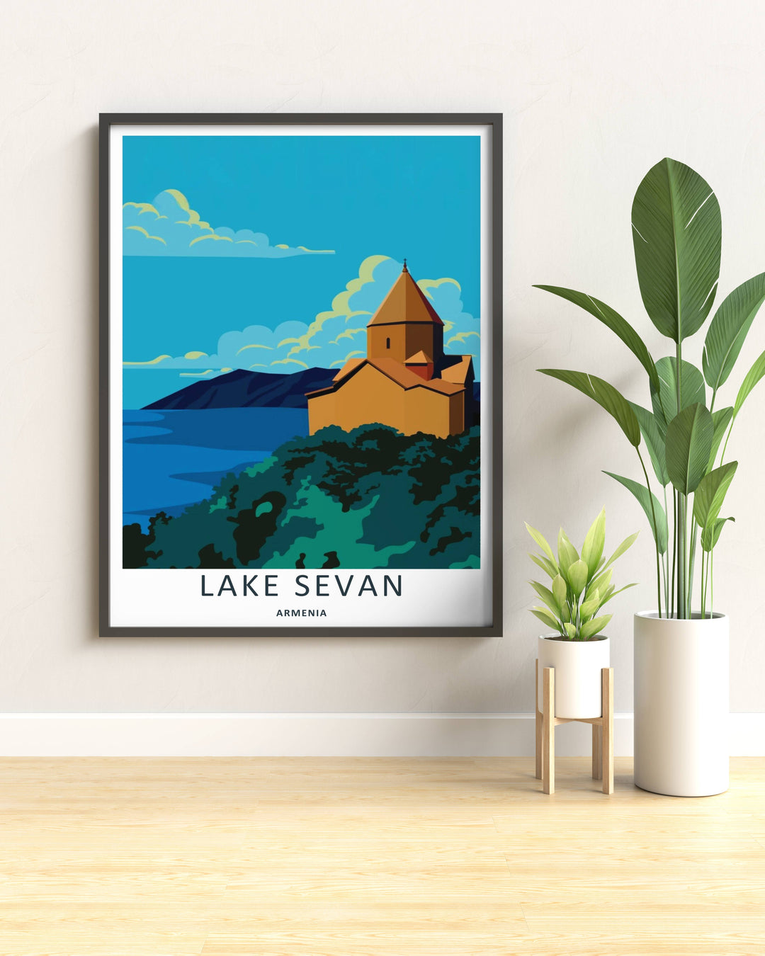 Vibrant cool-toned art print celebrating Armenian geography with a clean perspective pointing toward Lake Sevan, displayed on a living room wall as a natural wood framed poster.