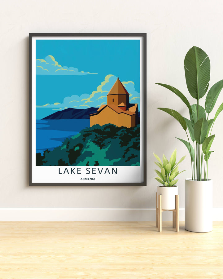 Vibrant cool-toned art print celebrating Armenian geography with a clean perspective pointing toward Lake Sevan, displayed on a living room wall as a natural wood framed poster.
