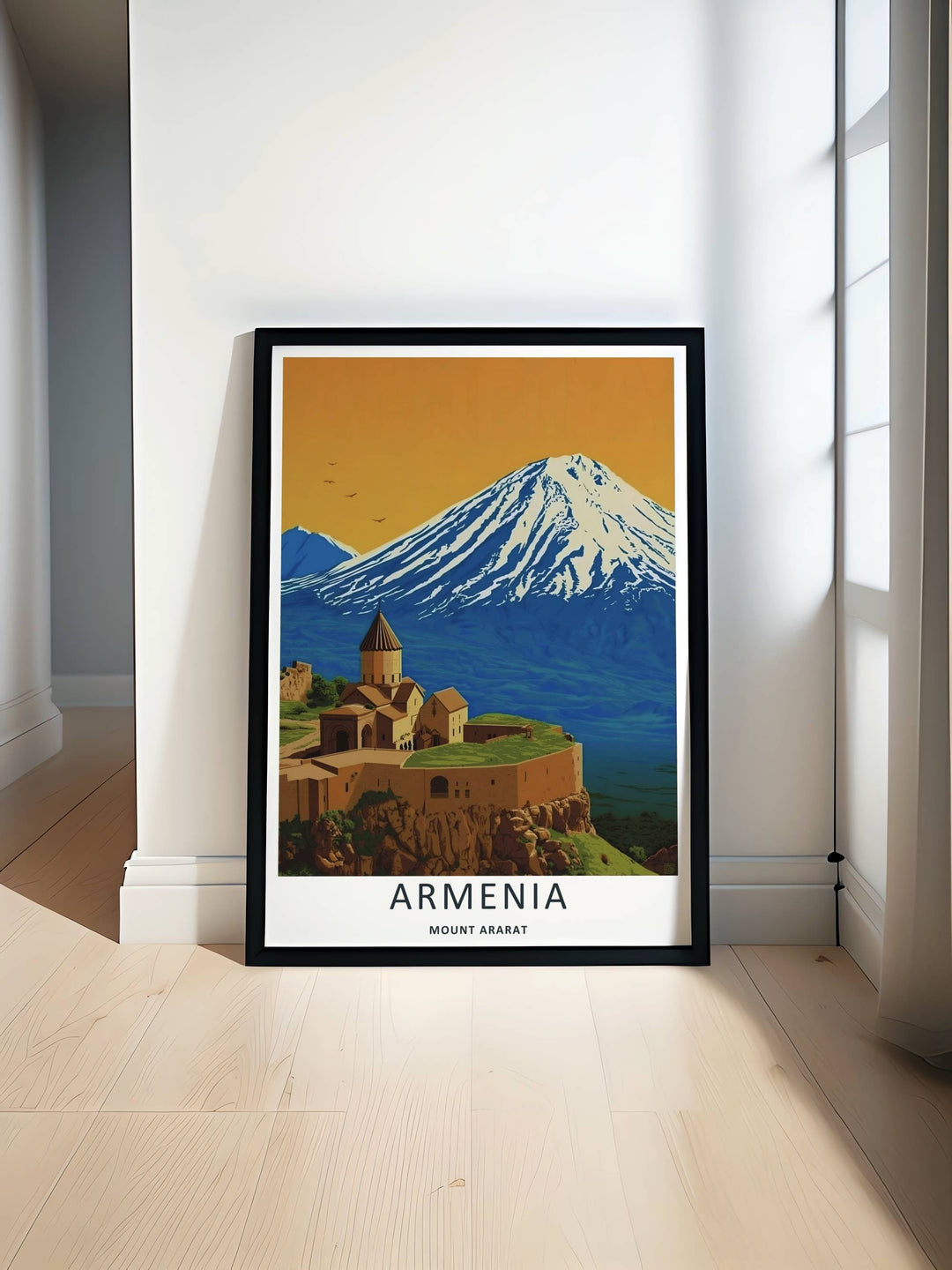 Minimalistic yet highly vibrant scenery design depicting the landmark location of Khor Virap Monastery below Mount Ararat, offered as a canvas print or styled inside an elegant retro white frame.