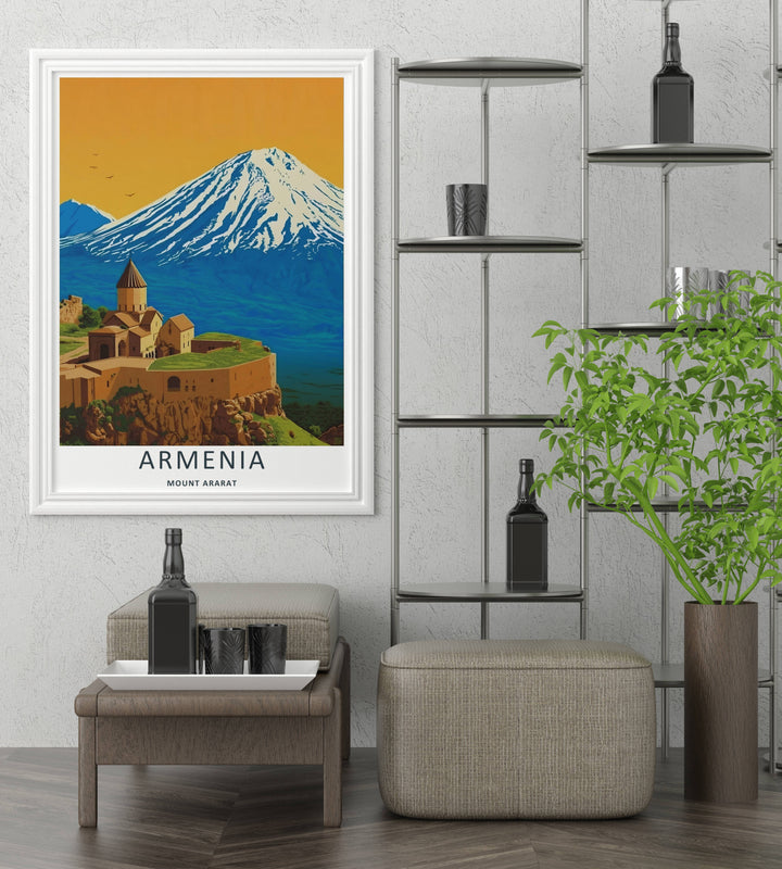Saturated graphic illustration highlighting the striking contrast between a yellow sky, a blue Mount Ararat mountain, and Khor Virap Monastery, making this an excellent choice for bold office wall decor.
