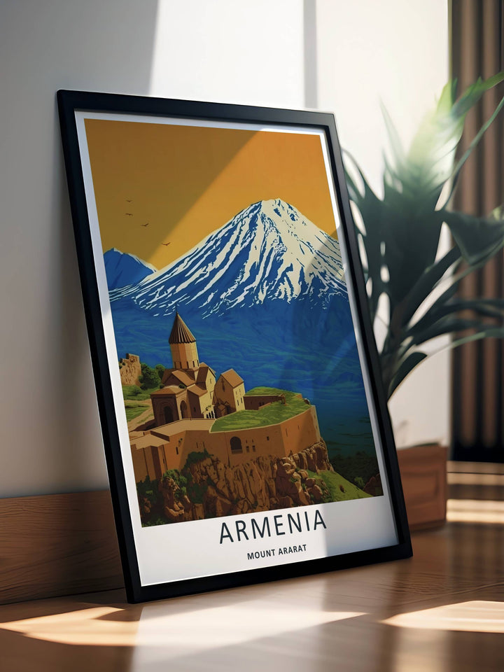 A premium fine art print capturing the historic, sacred silhouette of Khor Virap Monastery with Mount Ararat rising majestically behind it, available as a canvas print or within timeless white frames.