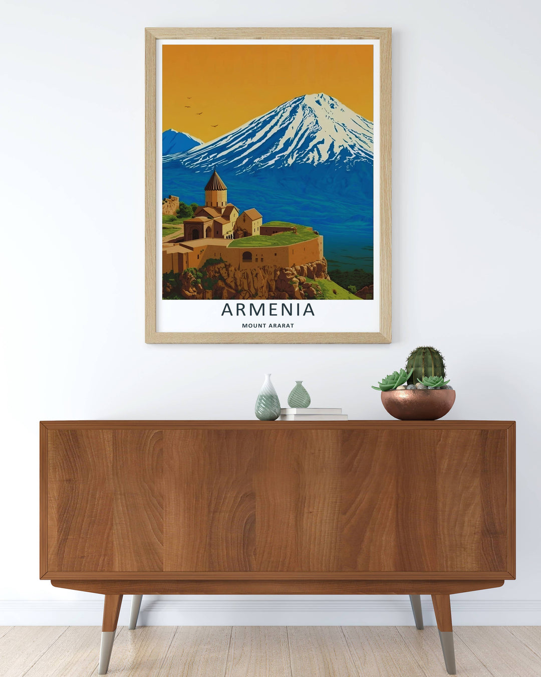 MapYourDreams heritage display showcasing a highly detailed geometric rendering of Khor Virap Monastery beneath the glaciers of Mount Ararat, customizable as a canvas print or a retro black framed piece.
