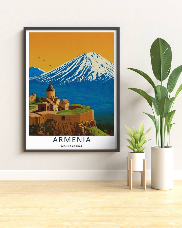 Saturated warm-toned art print celebrating Armenian geography with a sharp perspective of Khor Virap Monastery facing Mount Ararat, displayed on a bedroom wall as a natural wood framed poster.