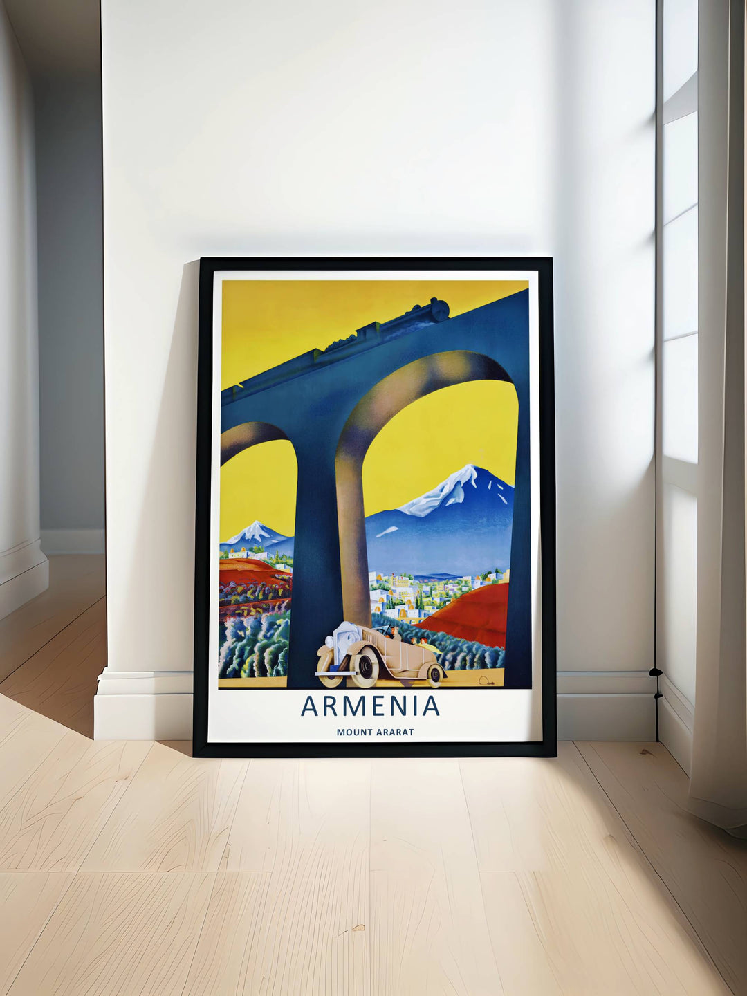 Mid-century illustration of a mountain railway pass facing the cobalt blue slopes of Mount Ararat under a solid gold horizon, perfect as an un-matted standalone print for custom frame sizing.