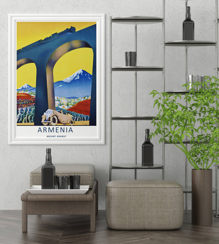 Clean architectural and travel illustration focusing on an antique vehicle driving underneath a high-arched bridge beneath Mount Ararat, creating a gorgeous display ideal for an entryway gallery wall.