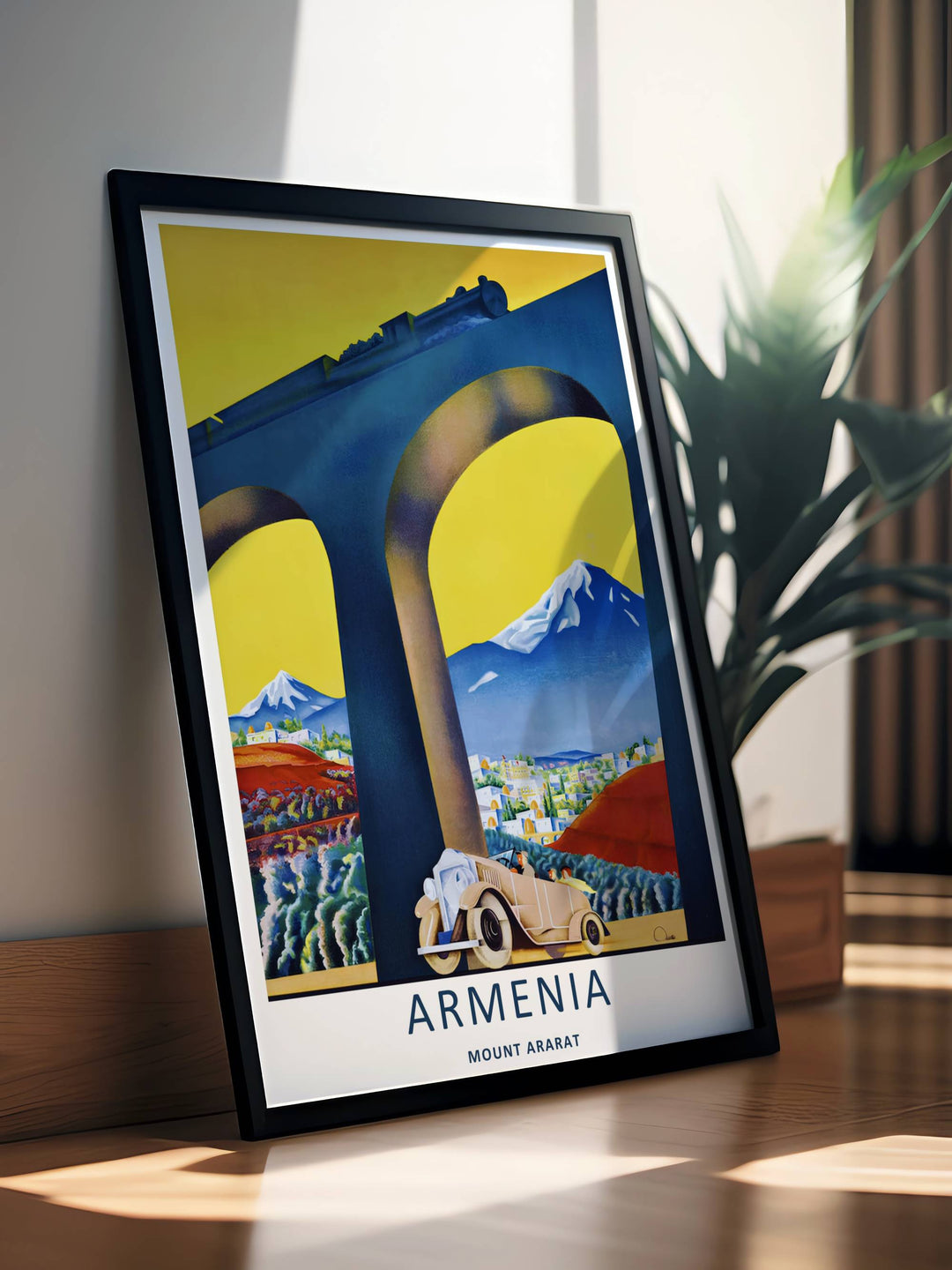 Modern retro rendering of an iron train bridge cutting across the giant snowline of Mount Ararat, acting as stunning wall decor available in sleek grey frames or standalone prints.