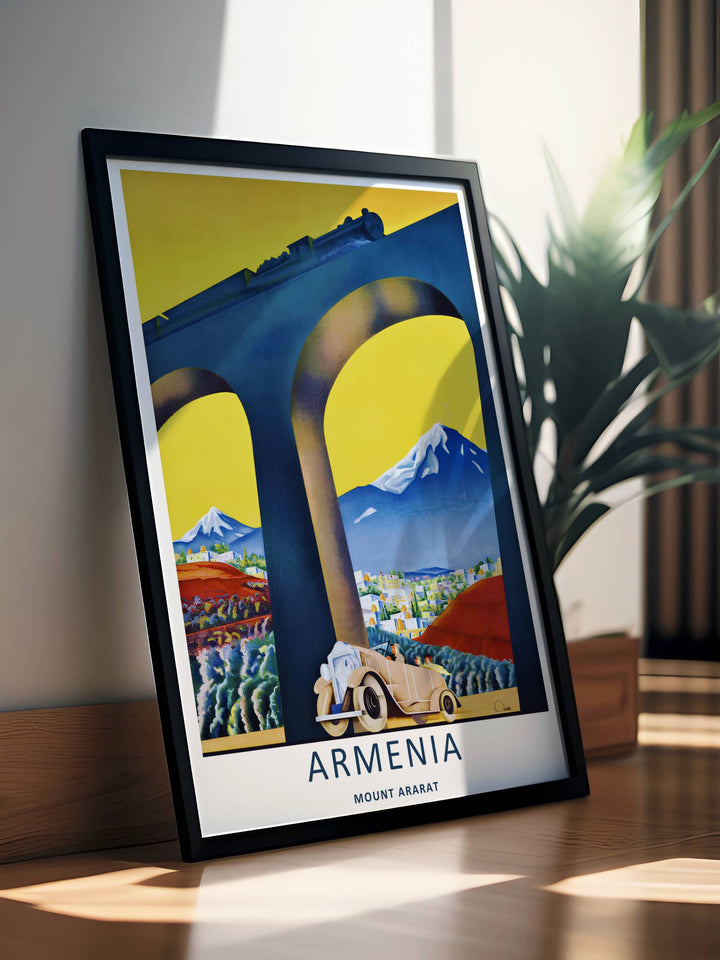 Modern retro rendering of an iron train bridge cutting across the giant snowline of Mount Ararat, acting as stunning wall decor available in sleek grey frames or standalone prints.