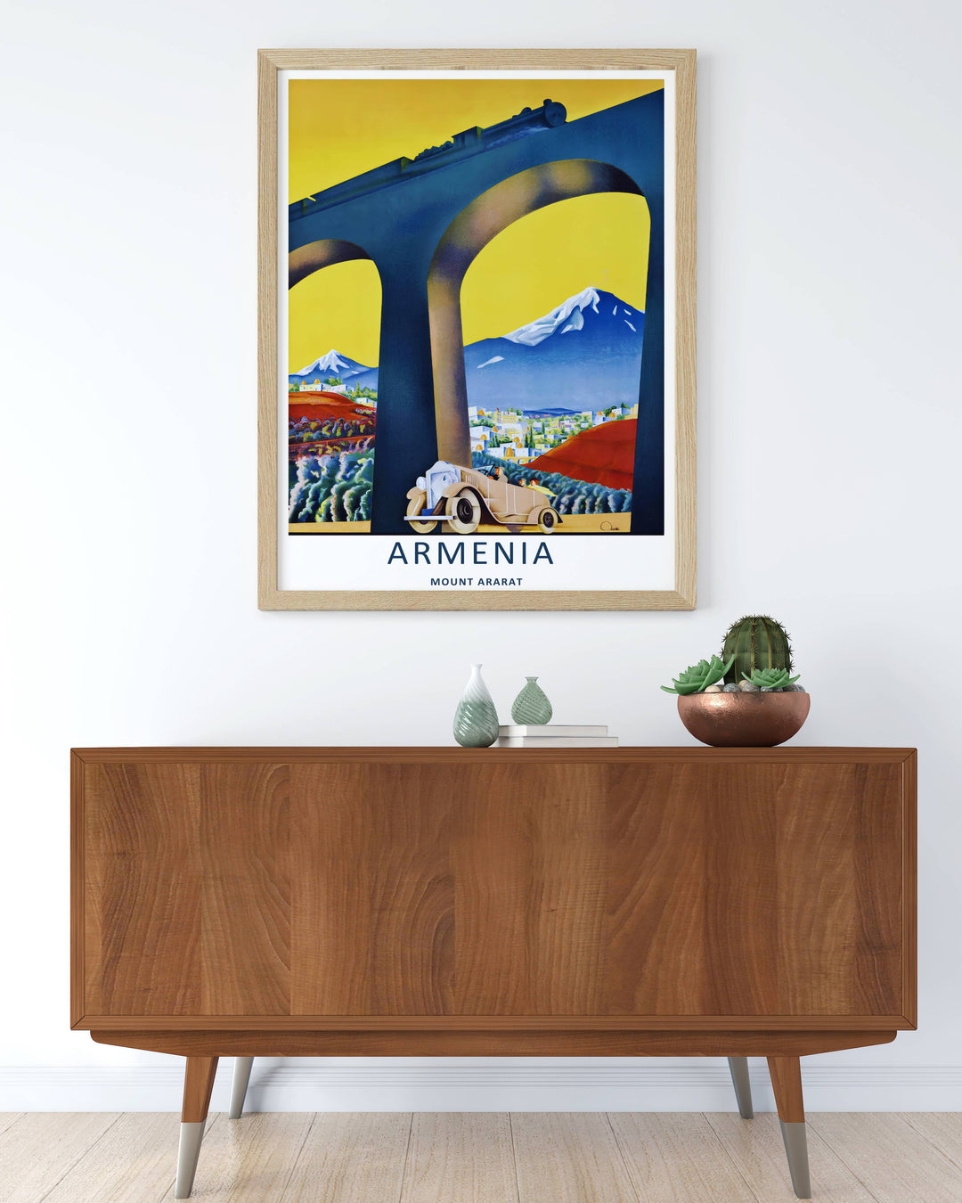 An evocative transport and mountain landscape print of Mount Ararat in Armenia with deep blue and rich golden-yellow block colors, available to purchase as a canvas print or a premium bronze framed display.